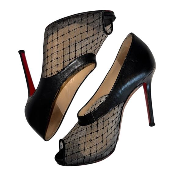 Christian Louboutin Resillana Black Leather & Mesh Peep Toe Heels Size 38.5 - Picture 10 of 13